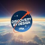 Discovery by Design written on a planet like sphere, hovering over a space vide of the earth